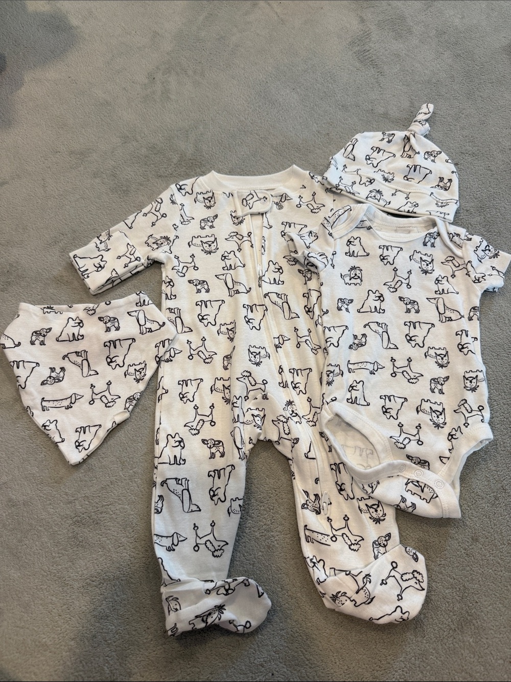 Baby White Dog-Print One-Piece Footed Sleeper with Hat, Bib & Bodysuit Set